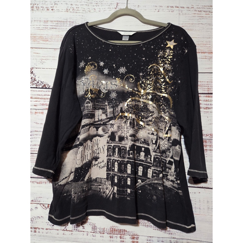 CJ Banks Womens 1X Black Paris Merry Christmas Sequin Gold Foil Graphic Tee Top